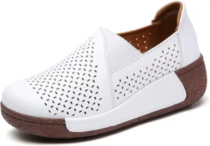 Women's Round Toe Platform Wedge Slip On Loafers, Comfortable Genuine Leather Moccasin Low Top Casual Cutout Loafers.