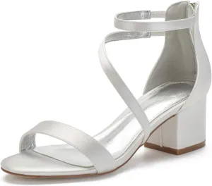 Women's Satin Block Heels Wedding Sandals Ankle Strap Comfortable Bridal Shoes Formal Evening Prom Party Shoes