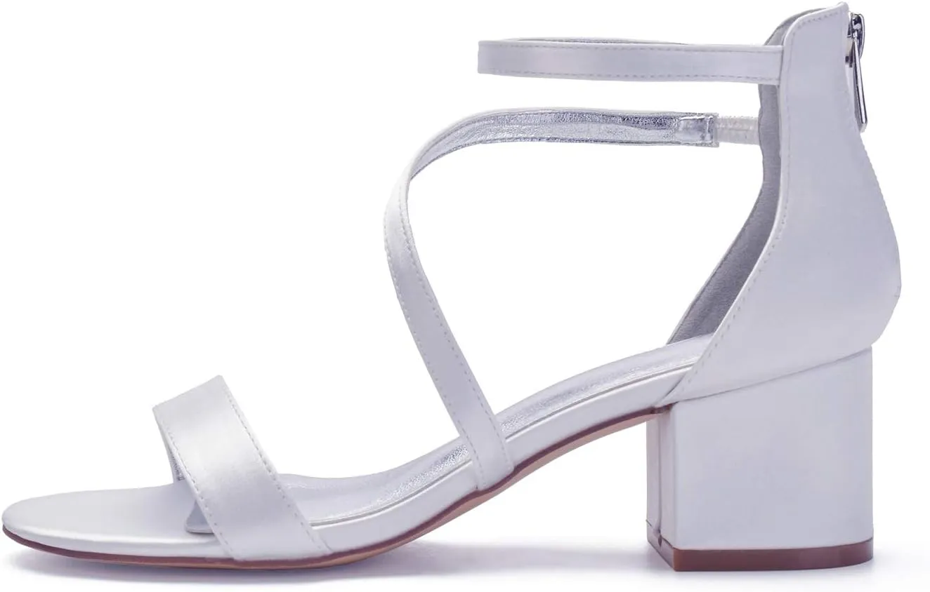 Women's Satin Block Heels Wedding Sandals Ankle Strap Comfortable Bridal Shoes Formal Evening Prom Party Shoes