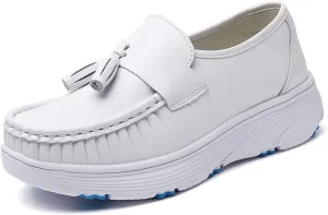 Women's Slip-On Air Cushion Orthopedic Breathable Platform Leather Nurse Shoes, Comfortable Non-Slip Nurse Hospital Work Moccasins, Ideal for Nurse Healthcare Crews