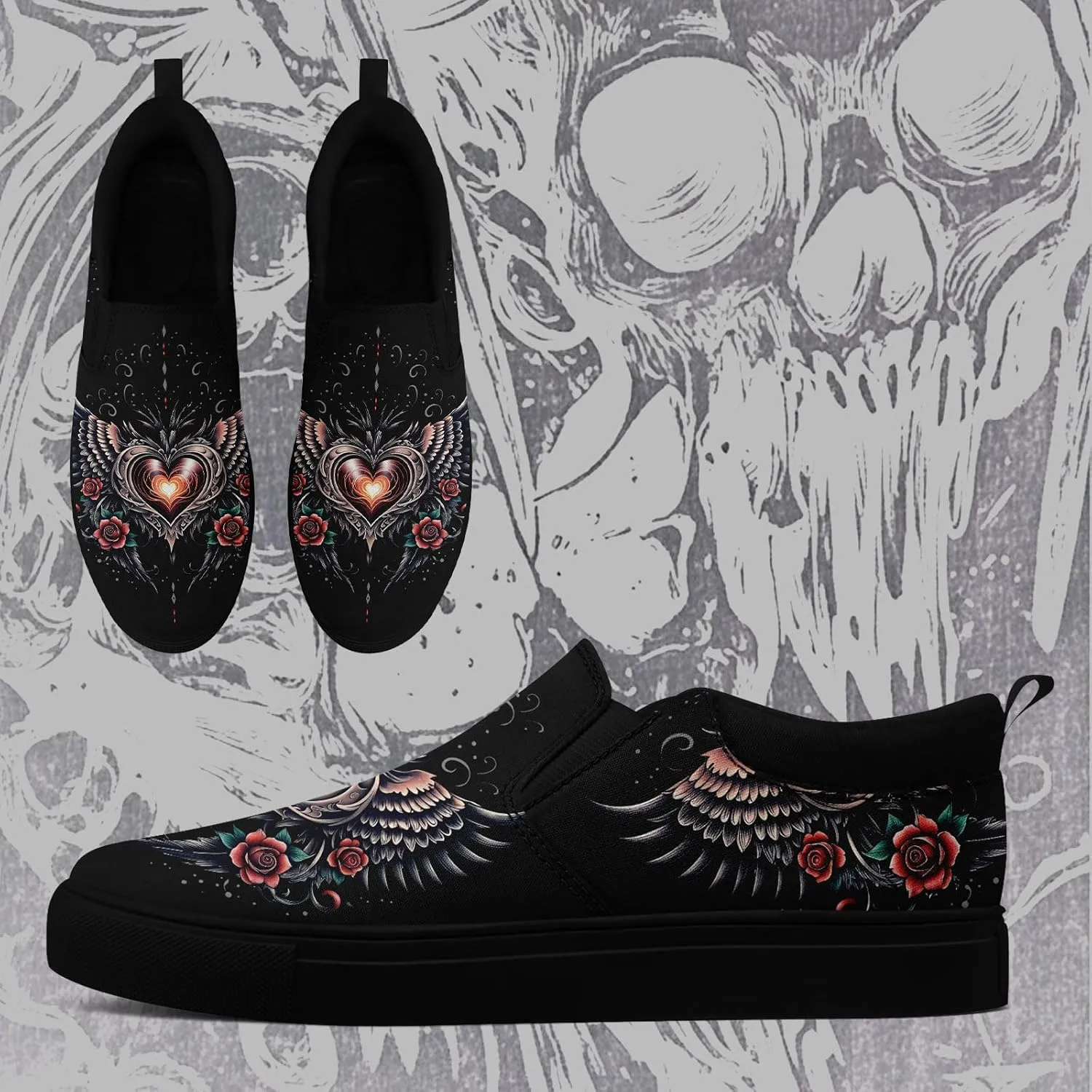 Women's Slip-on Canvas Shoes – Floral Skull Casual Loafers Trendy Comfortable Walking Skate Sneakers for Men
