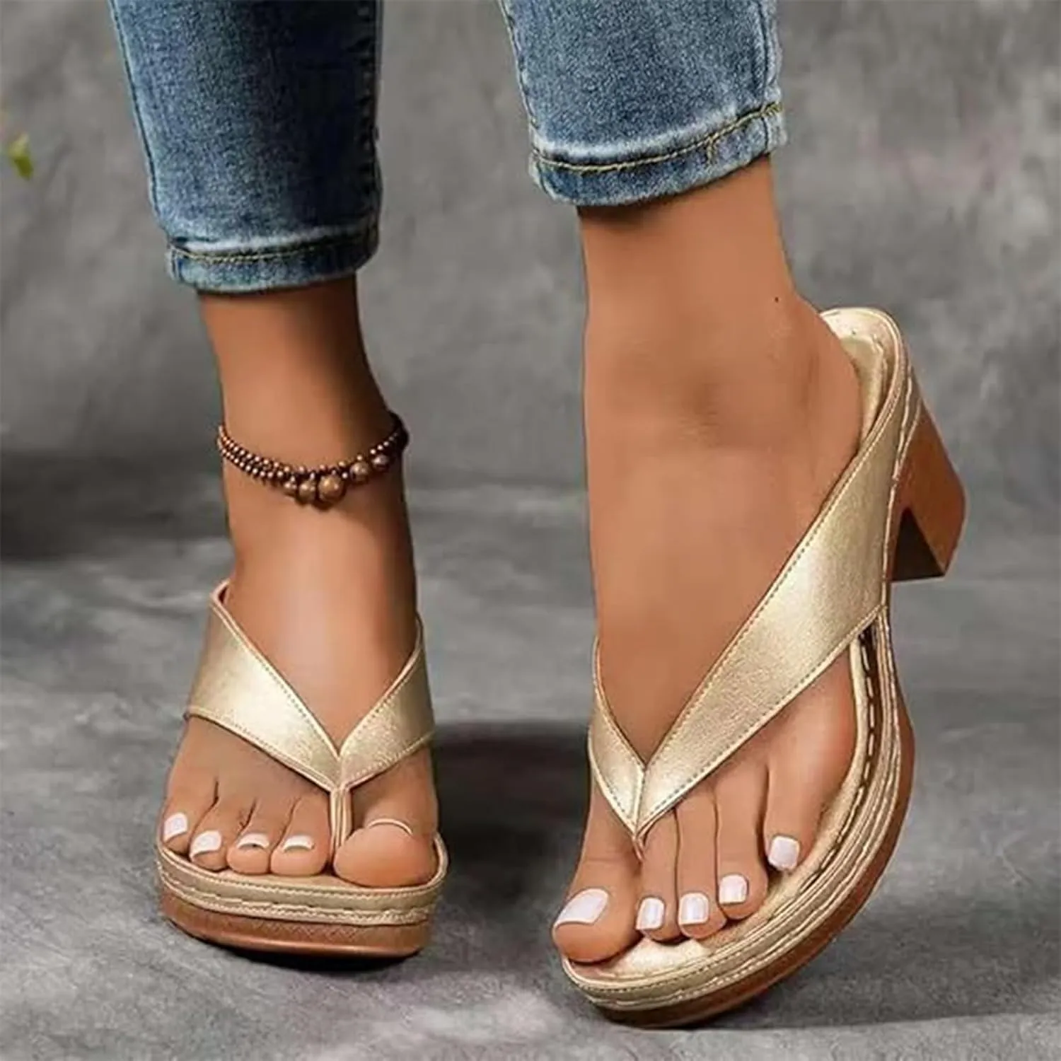 Women's Solid Color Summer Chunky Heel Sandals Slip on Open Toe Square Toe Heeled Sandals Comfortable Arch Flip Flops Mules for Women Wedges for Long Walk