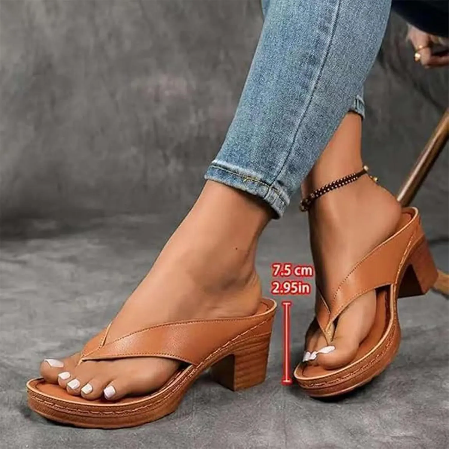 Women's Solid Color Summer Chunky Heel Sandals Slip on Open Toe Square Toe Heeled Sandals Comfortable Arch Flip Flops Mules for Women Wedges for Long Walk