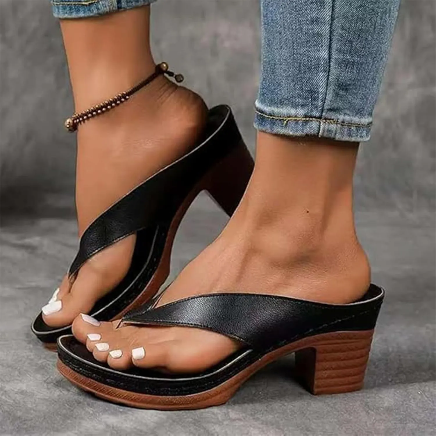 Women's Solid Color Summer Chunky Heel Sandals Slip on Open Toe Square Toe Heeled Sandals Comfortable Arch Flip Flops Mules for Women Wedges for Long Walk