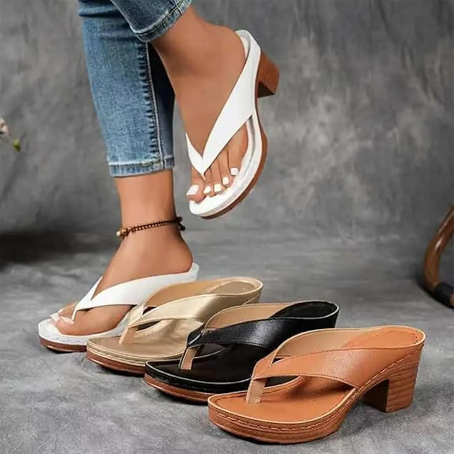Women's Solid Color Summer Chunky Heel Sandals Slip on Open Toe Square Toe Heeled Sandals Comfortable Arch Flip Flops Mules for Women Wedges for Long Walk