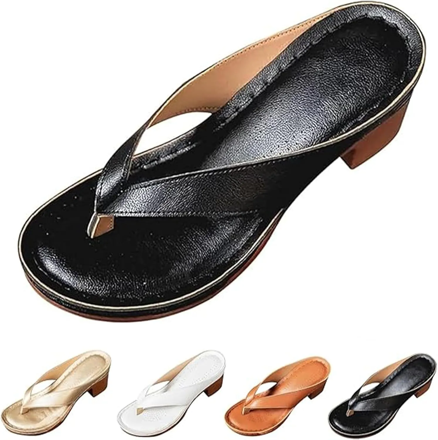 Women's Solid Color Summer Chunky Heel Sandals Slip on Open Toe Square Toe Heeled Sandals Comfortable Arch Flip Flops Mules for Women Wedges for Long Walk