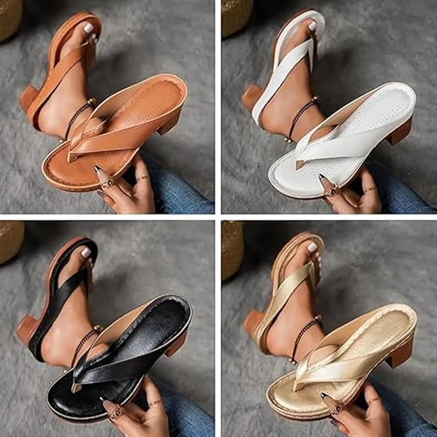 Women's Solid Color Summer Chunky Heel Sandals Slip on Open Toe Square Toe Heeled Sandals Comfortable Arch Flip Flops Mules for Women Wedges for Long Walk