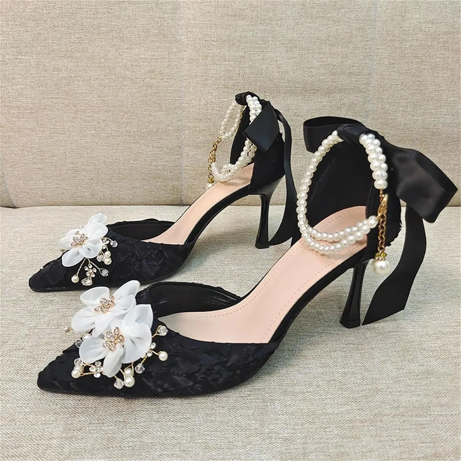 Women's Spring Summer Bridal Wedding Shoes, Pearl Buckle Sandals Bowknot Exquisite Flower Single Heels