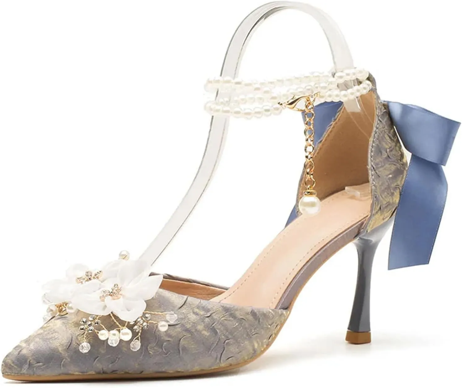 Women's Spring Summer Bridal Wedding Shoes, Pearl Buckle Sandals Bowknot Exquisite Flower Single Heels