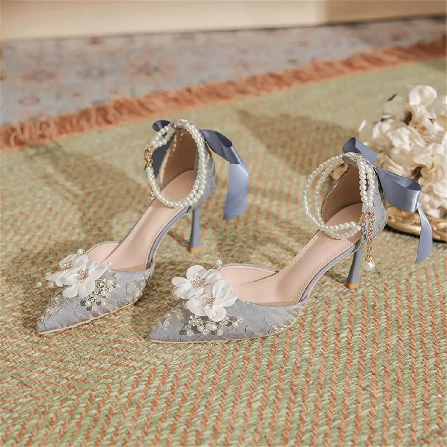 Women's Spring Summer Bridal Wedding Shoes, Pearl Buckle Sandals Bowknot Exquisite Flower Single Heels