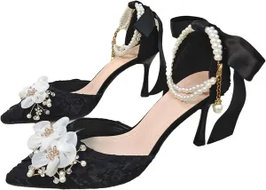 Women's Spring Summer Bridal Wedding Shoes, Pearl Buckle Sandals Bowknot Exquisite Flower Single Heels