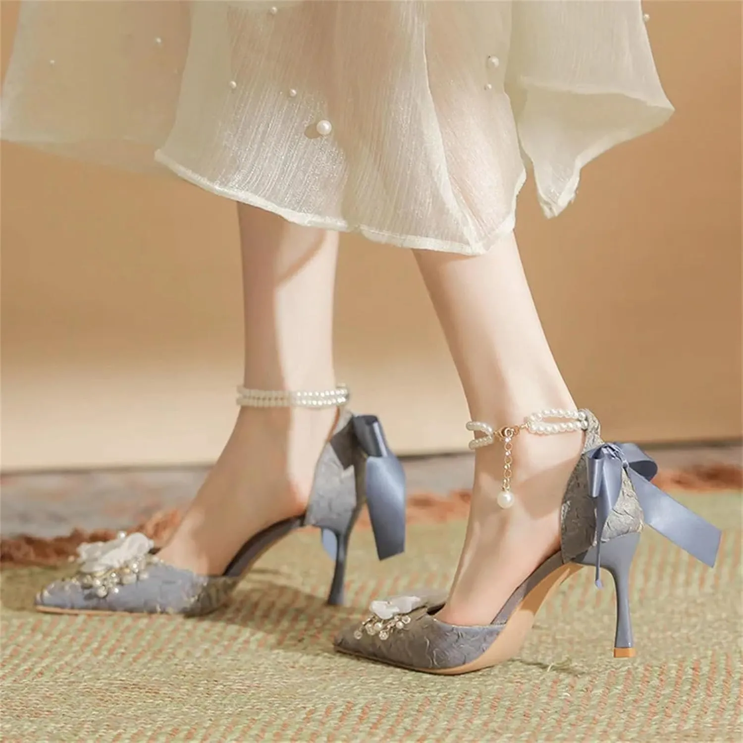 Women's Spring Summer Bridal Wedding Shoes, Pearl Buckle Sandals Bowknot Exquisite Flower Single Heels