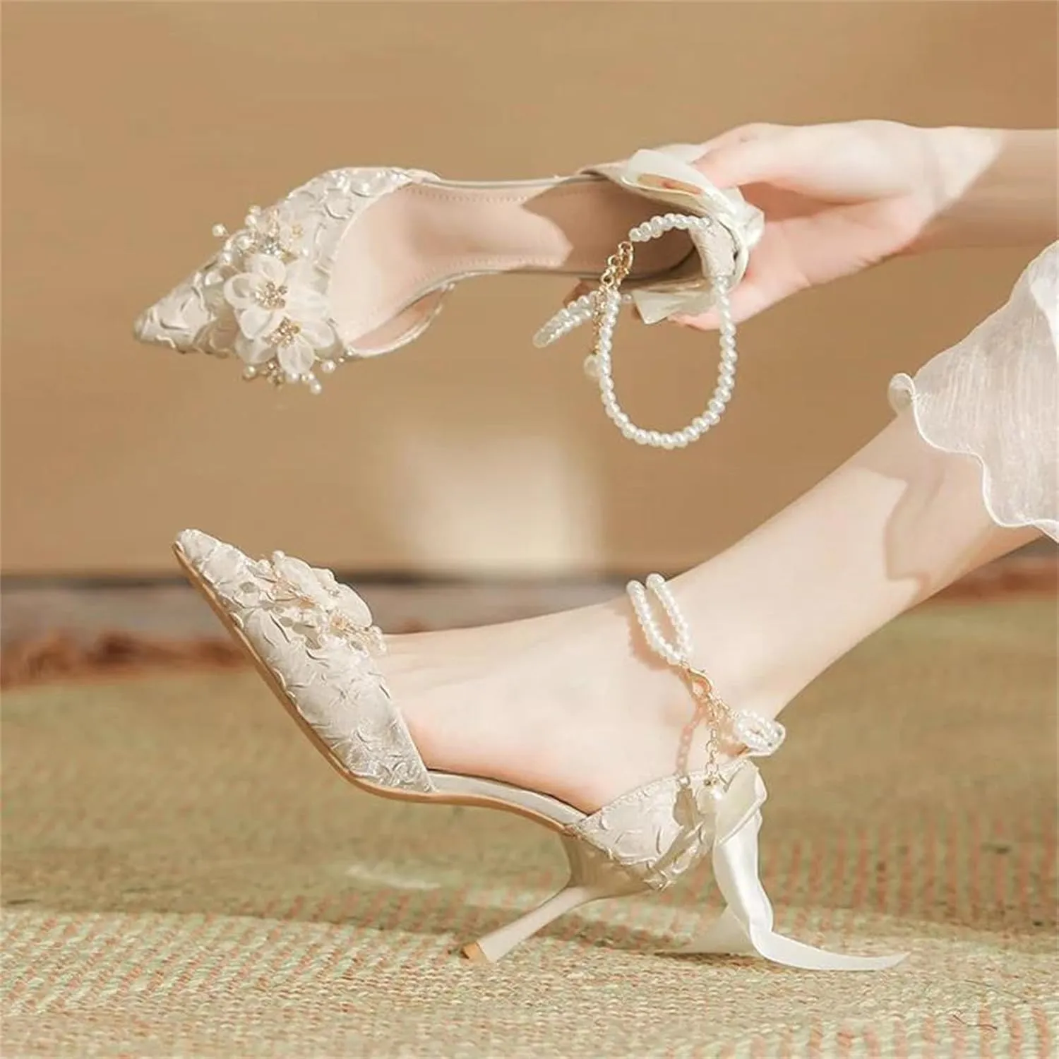 Women's Spring Summer Bridal Wedding Shoes, Pearl Buckle Sandals Bowknot Exquisite Flower Single Heels