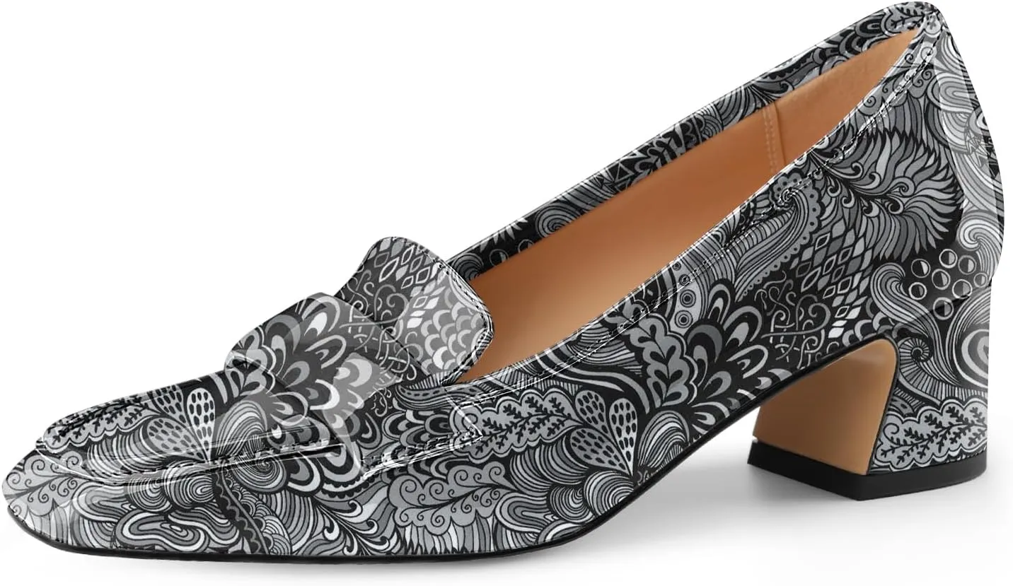 Women's Square Toe Chunky Low Heel Penny Loafers Shoes Black Patent Leather Comfortable Slip On Work Business Dressy Classic Pumps