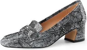 Women's Square Toe Chunky Low Heel Penny Loafers Shoes Black Patent Leather Comfortable Slip On Work Business Dressy Classic Pumps