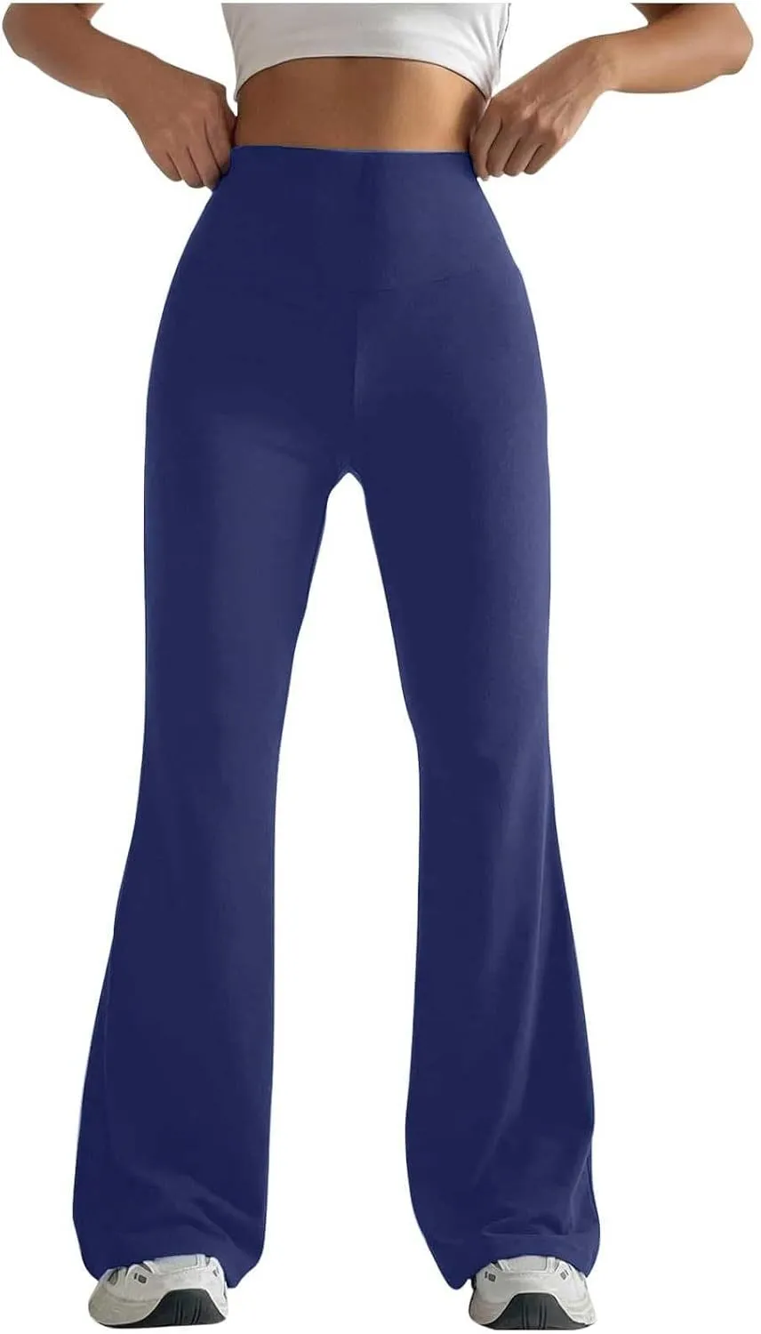 Womens Stretch High Waist Legging Trendy Outdoor Running Exercise Regular Yoga Pant Solid Color Casual Flared Trouser