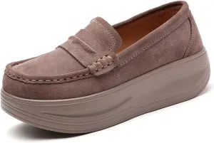 Women's Suede Platform Wedge Loafers Moccasin Toe Comfort Casual Slip-on Loafer Shoes Toning Rocker Non-Slip Walking Shoes with Arch Support