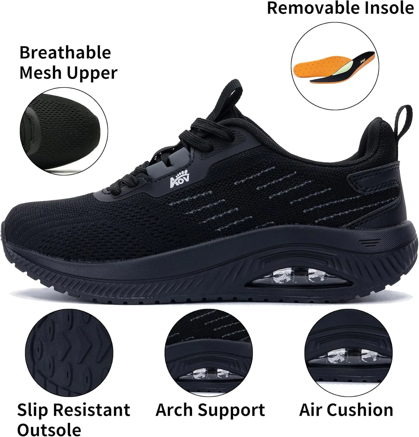 Women's Walking Shoes with Arch Support Orthotic Sneakers for Plantar Fasciitis Heel and Foot Pain Relief Tennis AllBlack Size 7