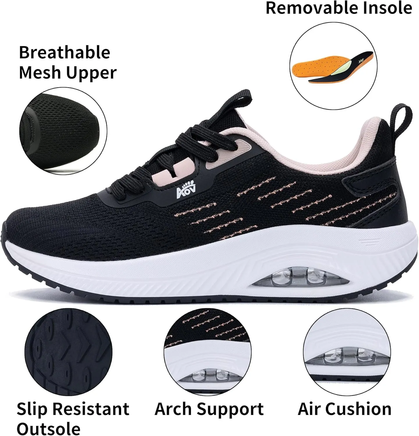 Women's Walking Shoes with Arch Support Orthotic Sneakers for Plantar Fasciitis Heel and Foot Pain Relief Tennis BlackPeach Size 6