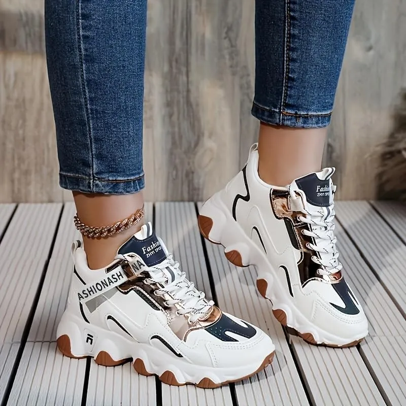 Womens Waterproof Thermal Chunky Sneakers - Durable Non-Slip Sole, Stylish Colorblock Design, Comfortable Lace-up Winter Shoes for All-Weather Wear
