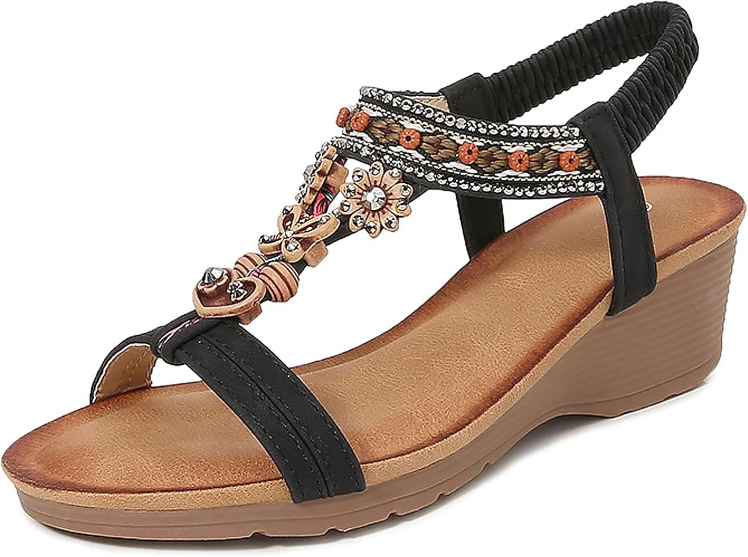 Womens Wedge Sandals Flower Round Open Toe Low Heel Dressy Elastic Ankle Strap Rhinestone Summer Comfortable Beach Pumps Dress Work Courts Shoe