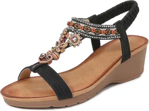 Womens Wedge Sandals Flower Round Open Toe Low Heel Dressy Elastic Ankle Strap Rhinestone Summer Comfortable Beach Pumps Dress Work Courts Shoe