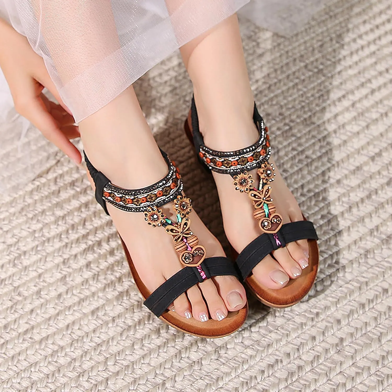 Womens Wedge Sandals Flower Round Open Toe Low Heel Dressy Elastic Ankle Strap Rhinestone Summer Comfortable Beach Pumps Dress Work Courts Shoe