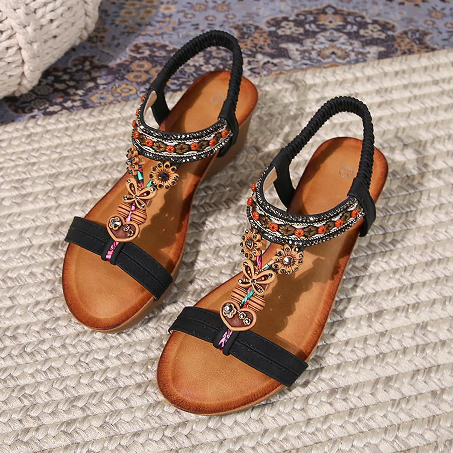 Womens Wedge Sandals Flower Round Open Toe Low Heel Dressy Elastic Ankle Strap Rhinestone Summer Comfortable Beach Pumps Dress Work Courts Shoe