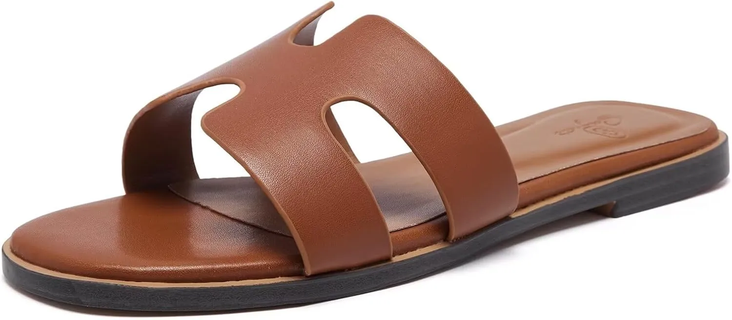 Women's Wide Width Leather Flat Sandals Slipper 2025 Summer Fashion Comfortable Memory Foam Slides for Women Footwear