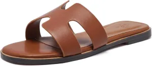 Women's Wide Width Leather Flat Sandals Slipper 2025 Summer Fashion Comfortable Memory Foam Slides for Women Footwear