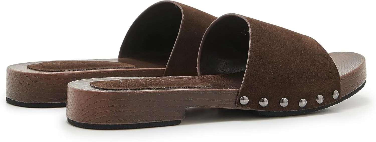 Womens's Wooden Style Block Heel Sandal Open Toe Platform Clogs Rivet Studed Slip On Summer Mules