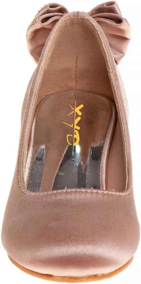 XYD Women Girls Cute Round Toe Dress Loafers Shoes Back Bowknot Crystal Block Low Heels Slip On Pumps