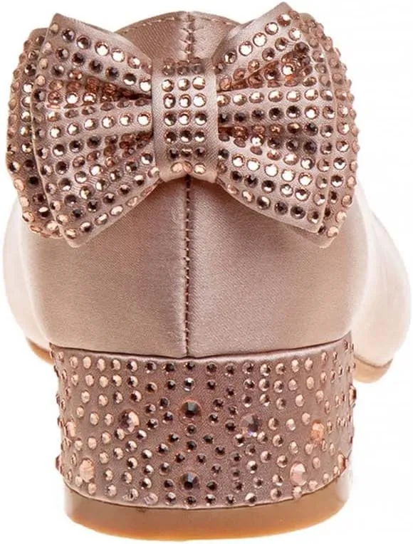 XYD Women Girls Cute Round Toe Dress Loafers Shoes Back Bowknot Crystal Block Low Heels Slip On Pumps