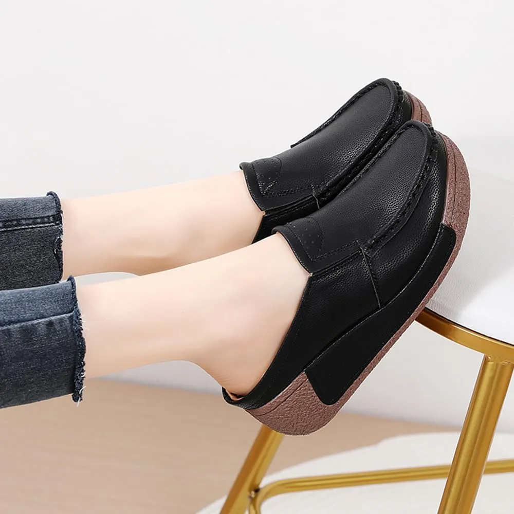 YING LAN Women Slip On Loafers Comfort Leather Wide Low Top Casual Platform Shoes