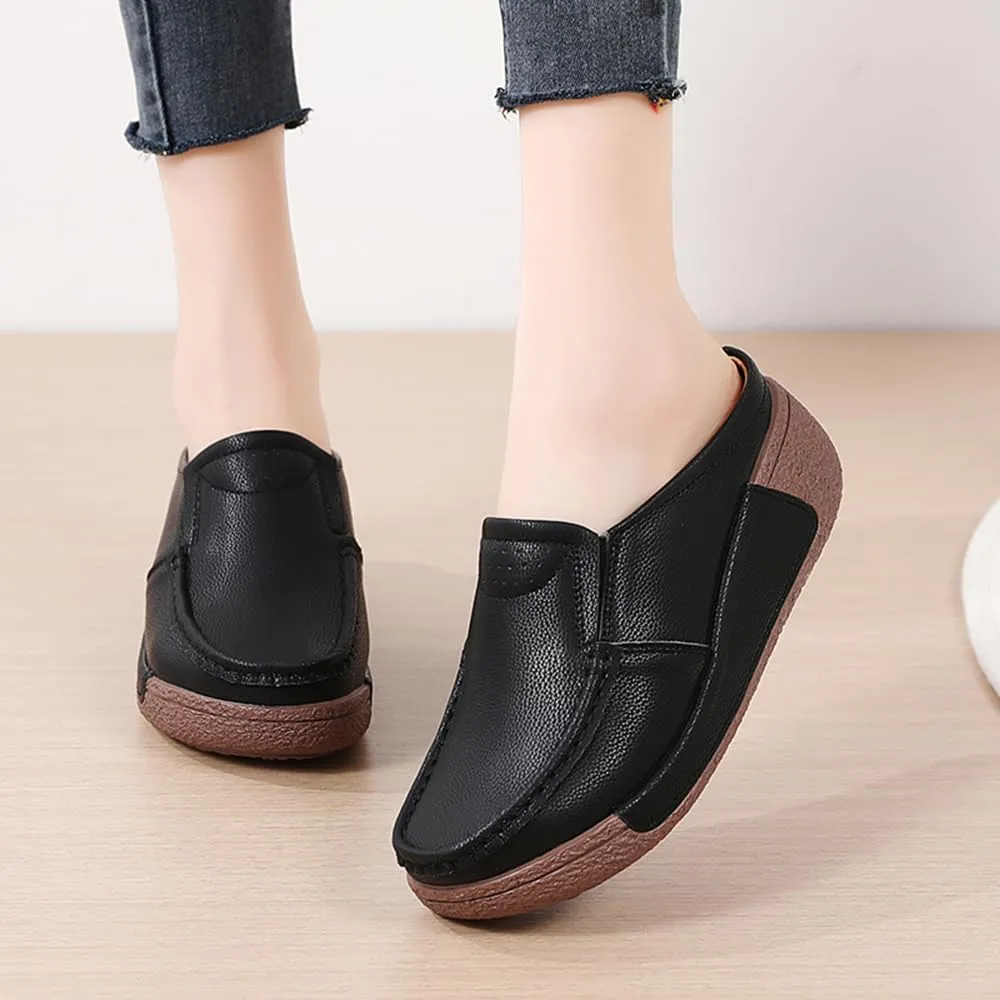 YING LAN Women Slip On Loafers Comfort Leather Wide Low Top Casual Platform Shoes