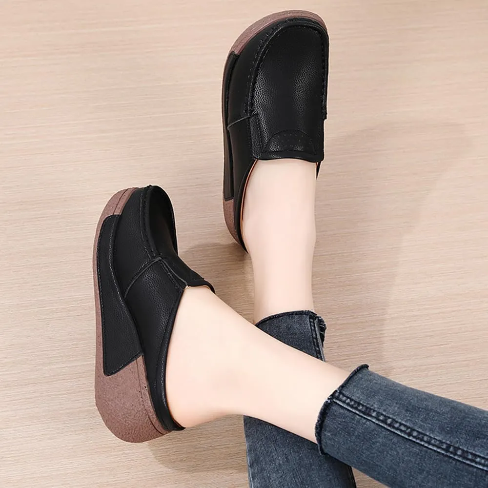 YING LAN Women Slip On Loafers Comfort Leather Wide Low Top Casual Platform Shoes