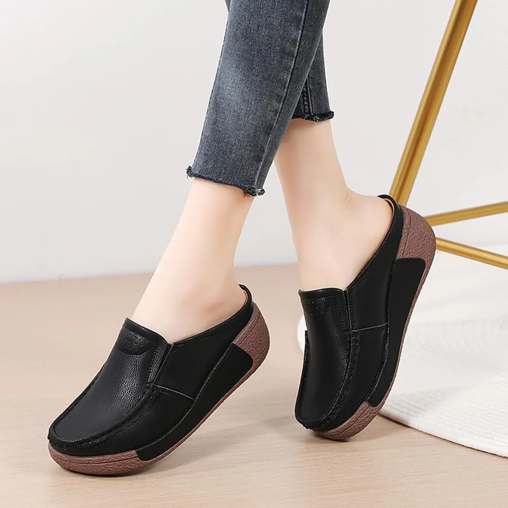 YING LAN Women Slip On Loafers Comfort Leather Wide Low Top Casual Platform Shoes