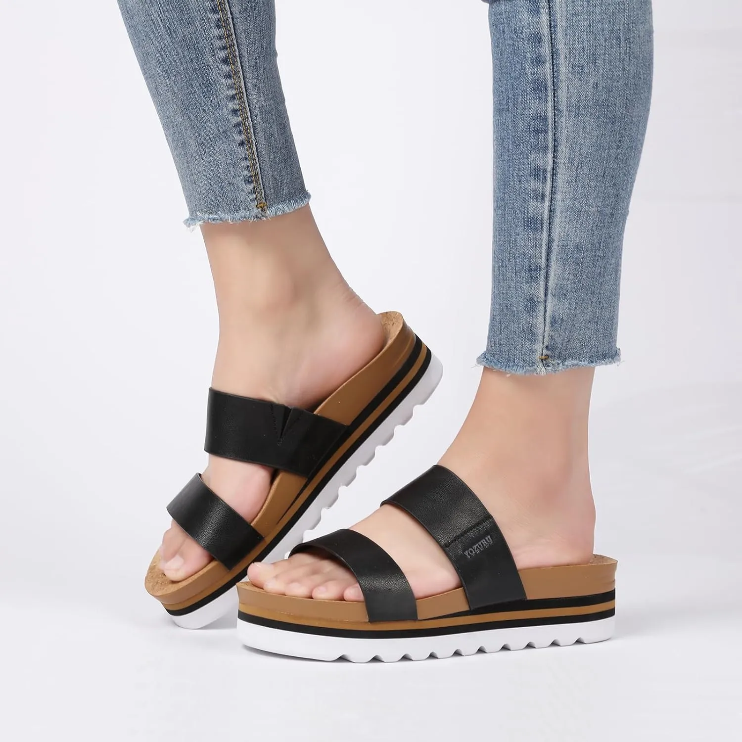 Yozuru Womens Platform Sandals with Arch Support Slip on Slides Comfortable Summer Beach Sandals Cork Footbed Cushion Wedge Sandals for Women