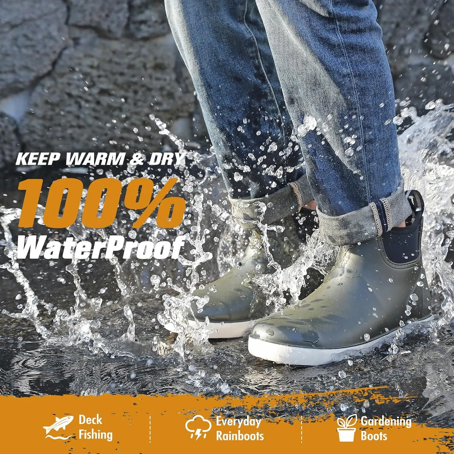 YUHITYGZGS Men's Deck Boots, Waterproof Rubber Boots for Men, High Grip Neoprene Saltwater Boating Ankle Rain Boots, High-Performance Non-Slip Fishing Shoes for Farming Garden Work Outdoor