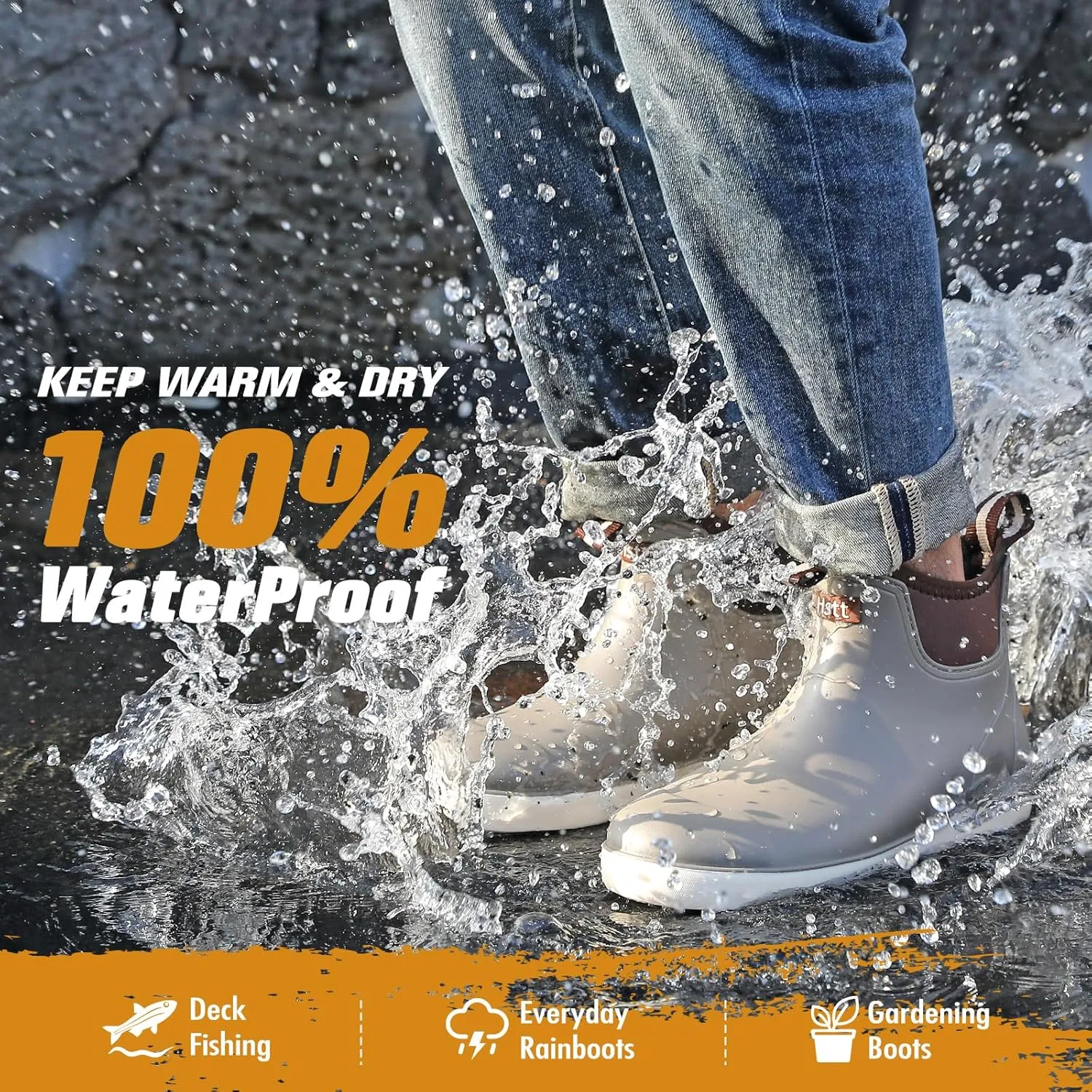 YUHITYGZGS Men's Deck Boots, Waterproof Rubber Boots for Men, High Grip Neoprene Saltwater Boating Ankle Rain Boots, High-Performance Non-Slip Fishing Shoes for Farming Garden Work Outdoor