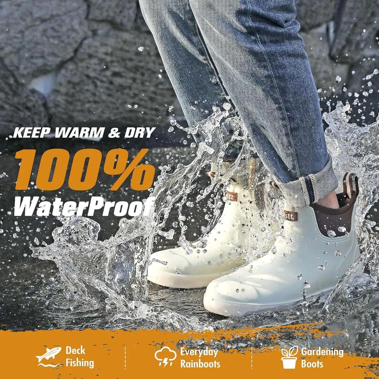 YUHITYGZGS Men's Deck Boots, Waterproof Rubber Boots for Men, High Grip Neoprene Saltwater Boating Ankle Rain Boots, High-Performance Non-Slip Fishing Shoes for Farming Garden Work Outdoor