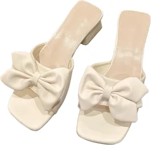 Zeberfi Women's Bow Tie Chunky Heel Sandals Fashion Cute Open Square Toe Slip On Low Block Heel Slide Sandals Summer Wedding Dress Shoes Pumps