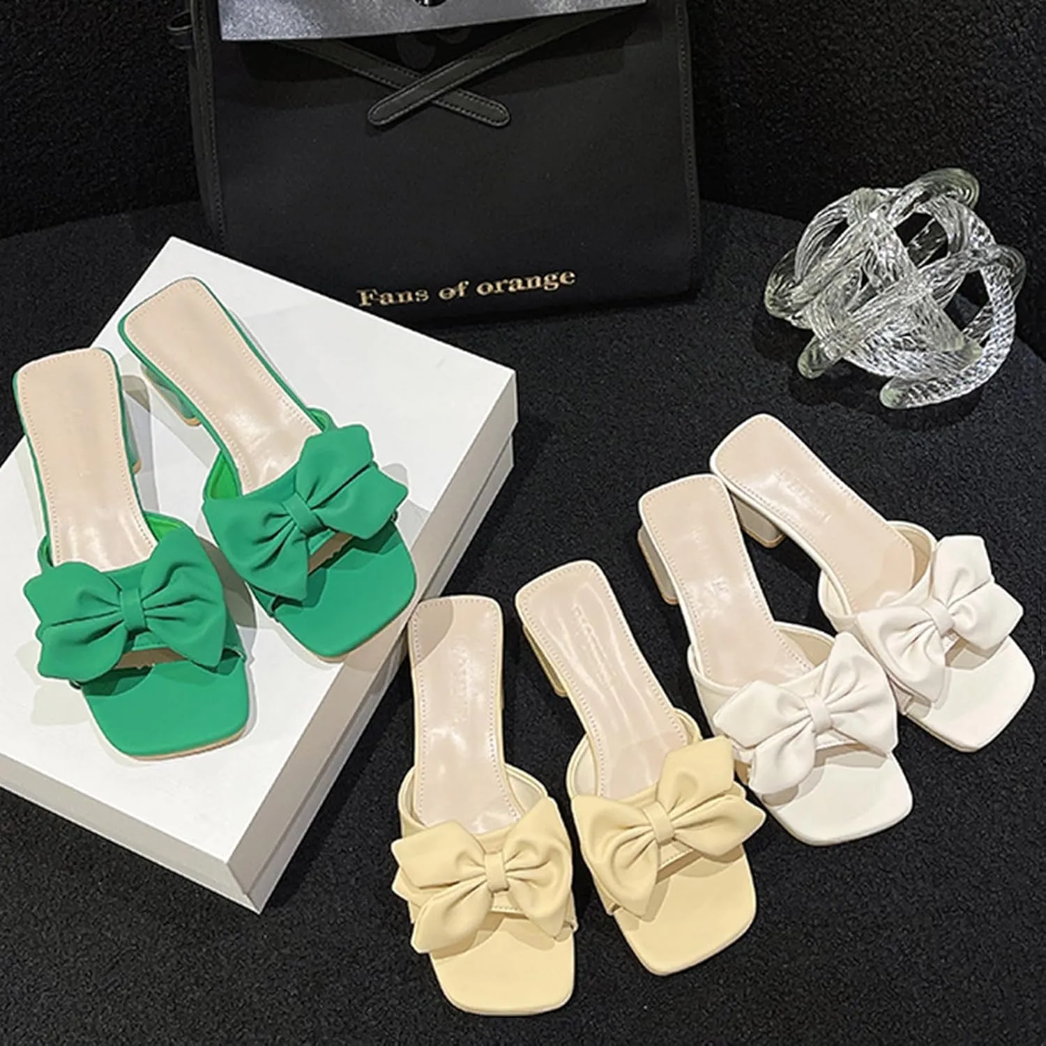 Zeberfi Women's Bow Tie Chunky Heel Sandals Fashion Cute Open Square Toe Slip On Low Block Heel Slide Sandals Summer Wedding Dress Shoes Pumps