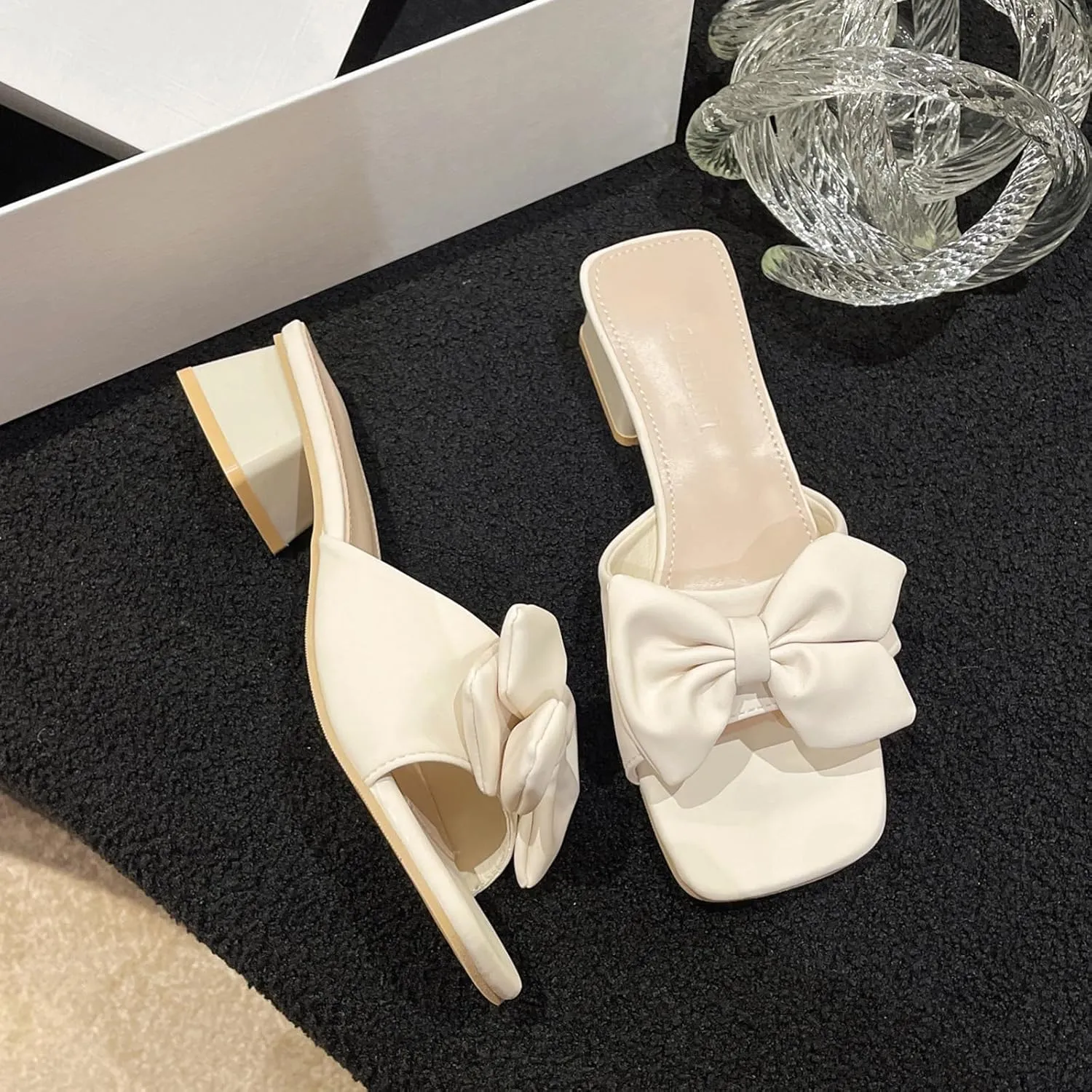 Zeberfi Women's Bow Tie Chunky Heel Sandals Fashion Cute Open Square Toe Slip On Low Block Heel Slide Sandals Summer Wedding Dress Shoes Pumps