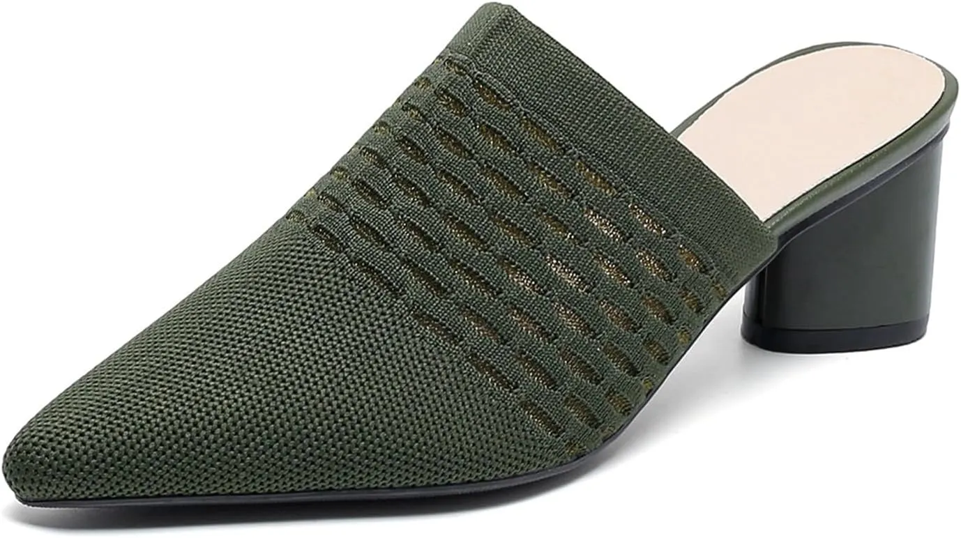 Zeberfi Women's Knit Closed Pointed Toe Low Chunky Heel Mules Fashion Mesh Breathable Slingback Slip-on Pumps Sandals Summer Comfortable Prom Party Dress Shoes