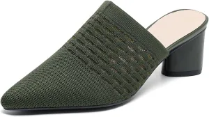 Zeberfi Women's Knit Closed Pointed Toe Low Chunky Heel Mules Fashion Mesh Breathable Slingback Slip-on Pumps Sandals Summer Comfortable Prom Party Dress Shoes