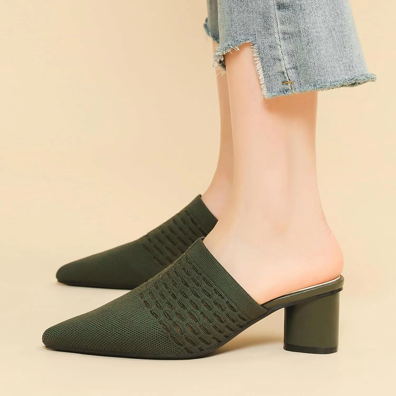 Zeberfi Women's Knit Closed Pointed Toe Low Chunky Heel Mules Fashion Mesh Breathable Slingback Slip-on Pumps Sandals Summer Comfortable Prom Party Dress Shoes