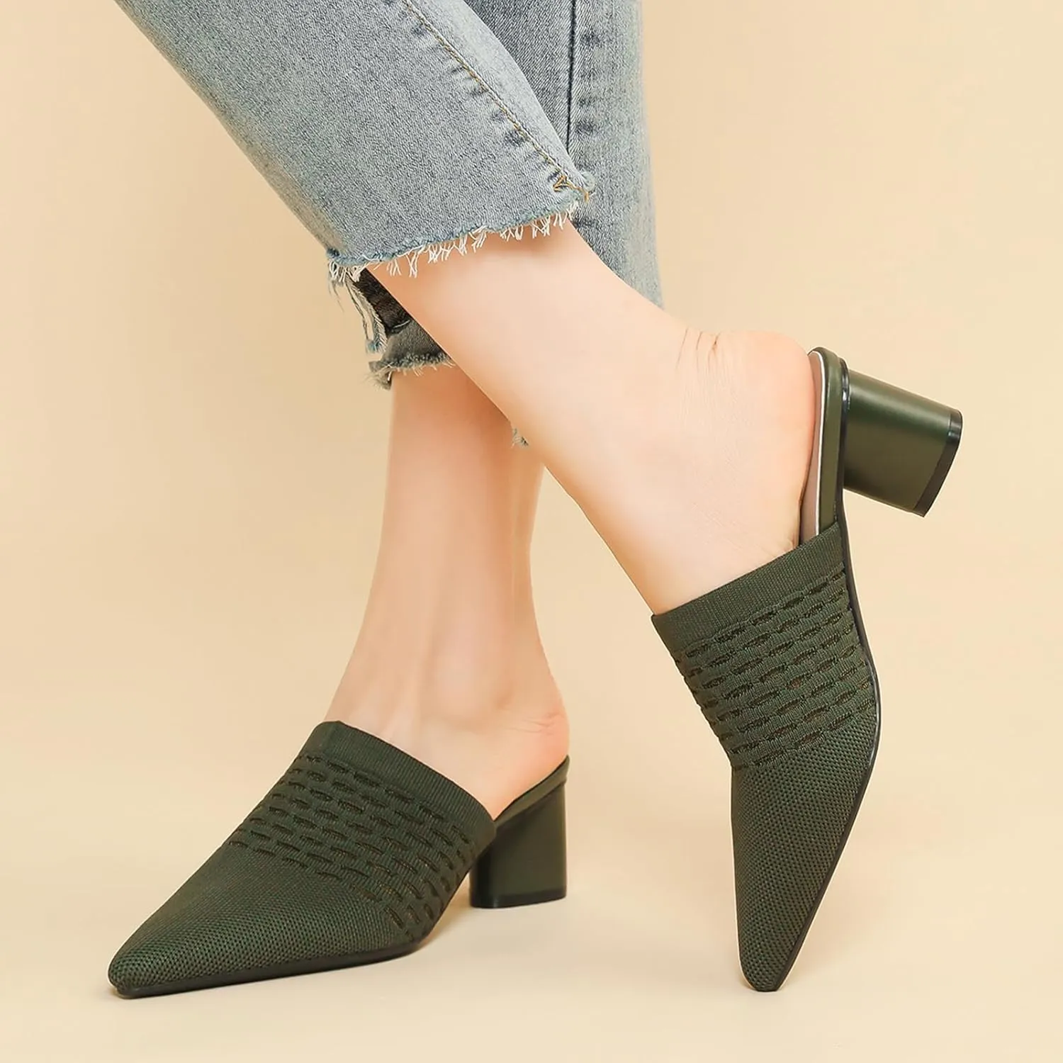 Zeberfi Women's Knit Closed Pointed Toe Low Chunky Heel Mules Fashion Mesh Breathable Slingback Slip-on Pumps Sandals Summer Comfortable Prom Party Dress Shoes