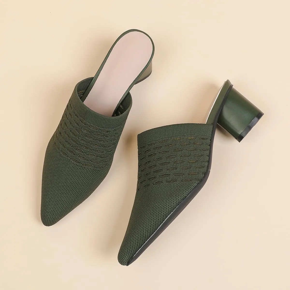 Zeberfi Women's Knit Closed Pointed Toe Low Chunky Heel Mules Fashion Mesh Breathable Slingback Slip-on Pumps Sandals Summer Comfortable Prom Party Dress Shoes