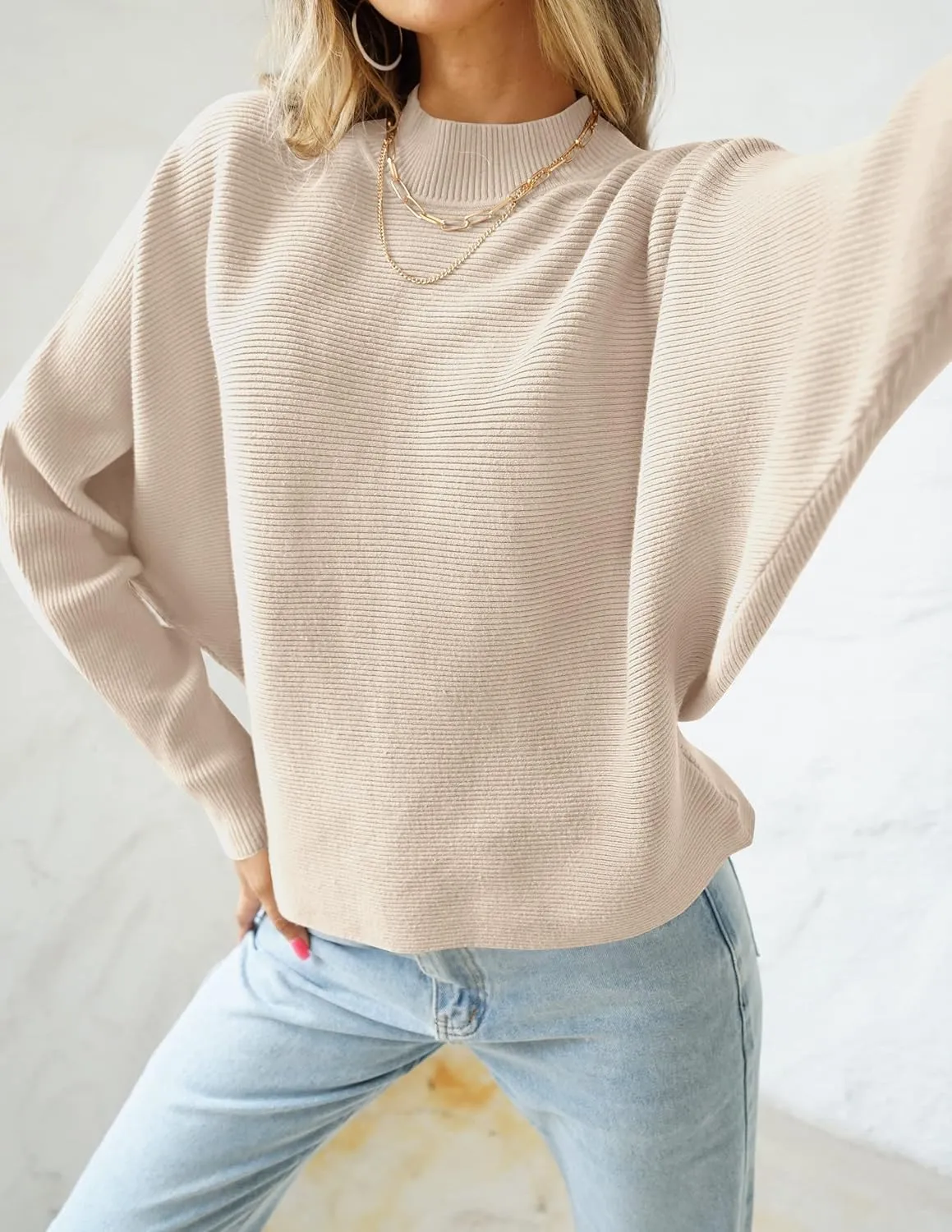 ZESICA Women's Fall Turtleneck Batwing Long Sleeve Ribbed Knit Casual Soft Pullover Sweater Jumper Top